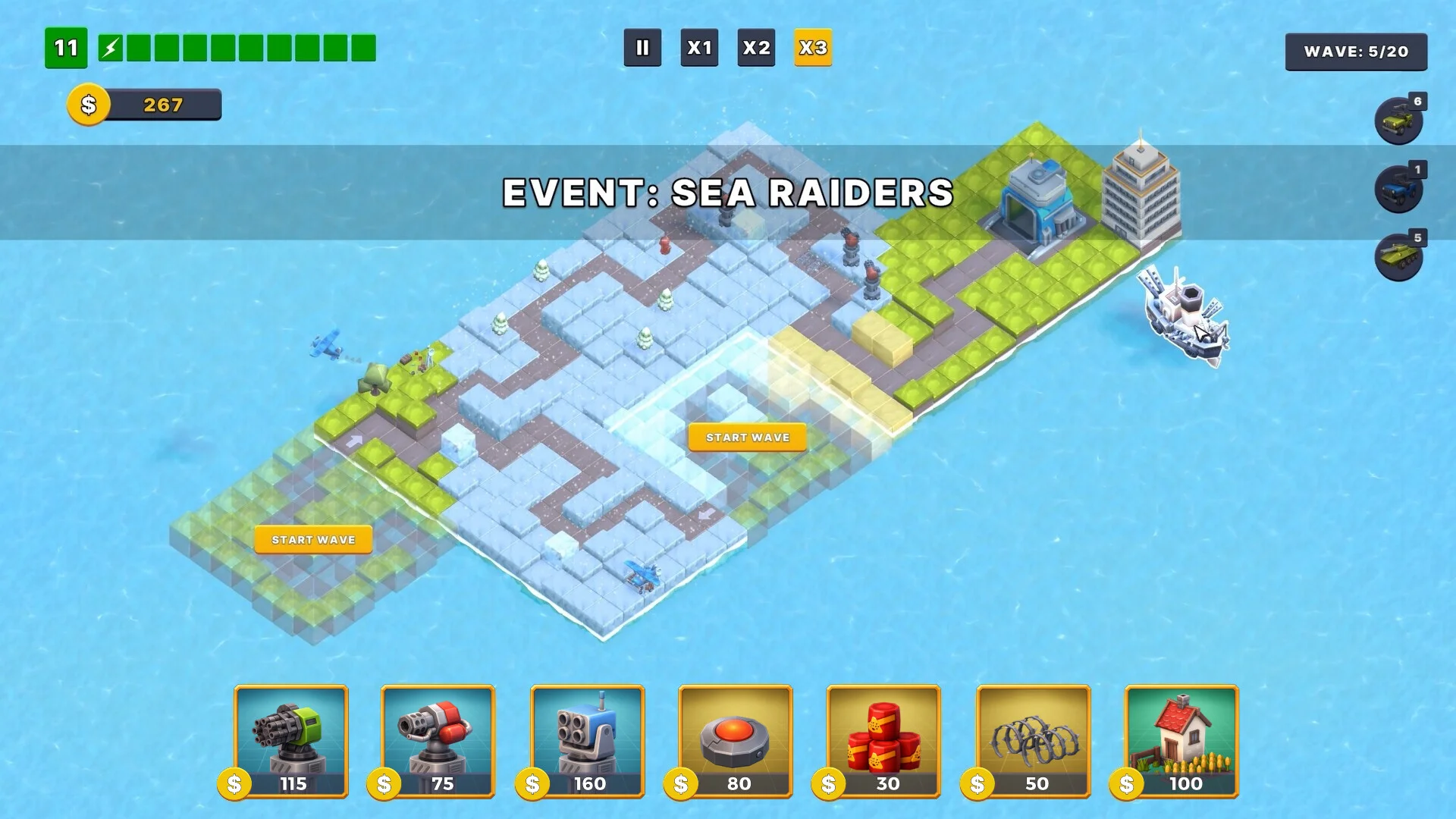 EVENT: SEA RAIDERS表示のタワーディフェンス画面、海上の島と下部に設置ユニット
