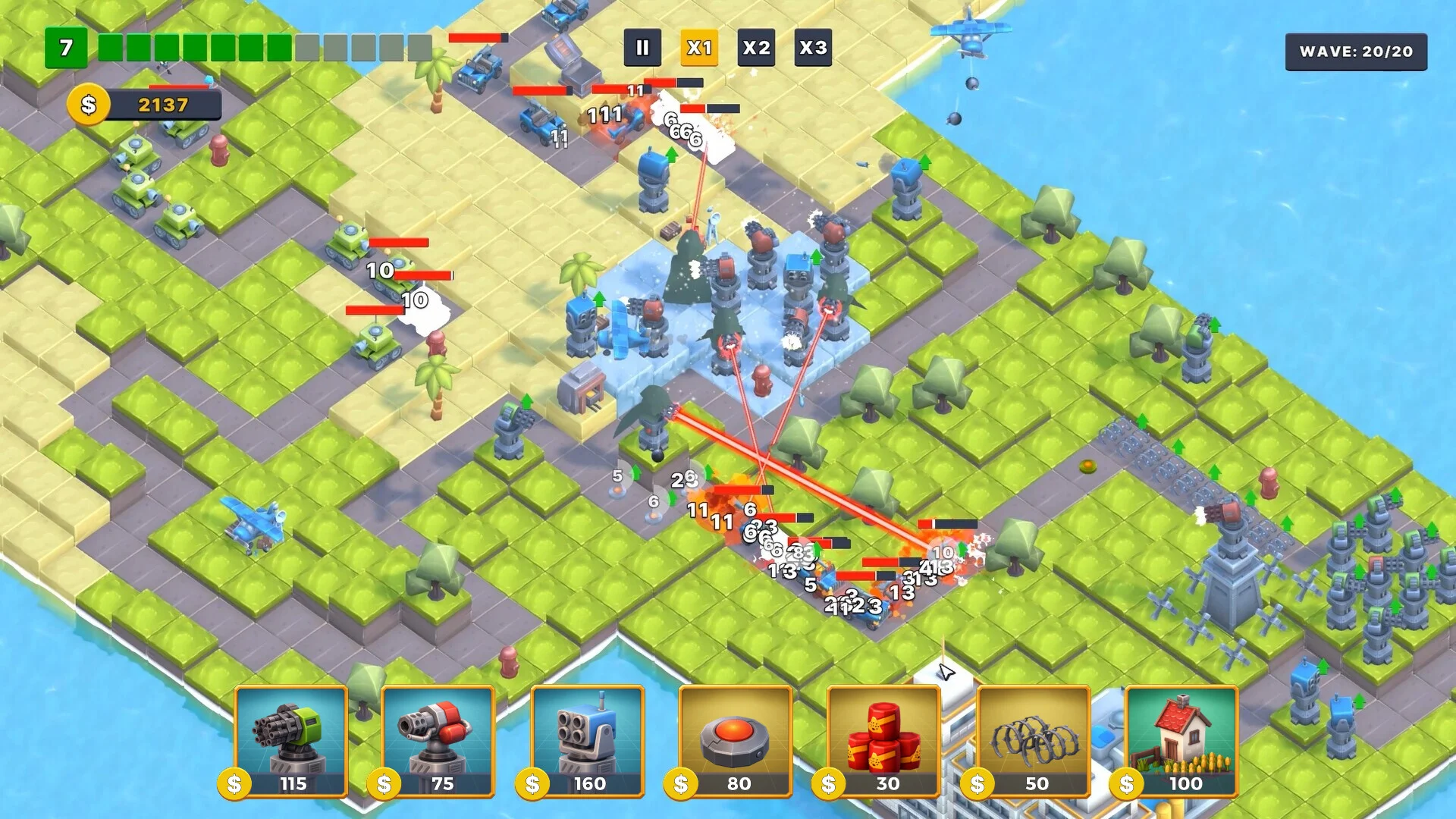 島のマップ上で敵と防衛タワーが戦うタワーディフェンスのゲーム画面