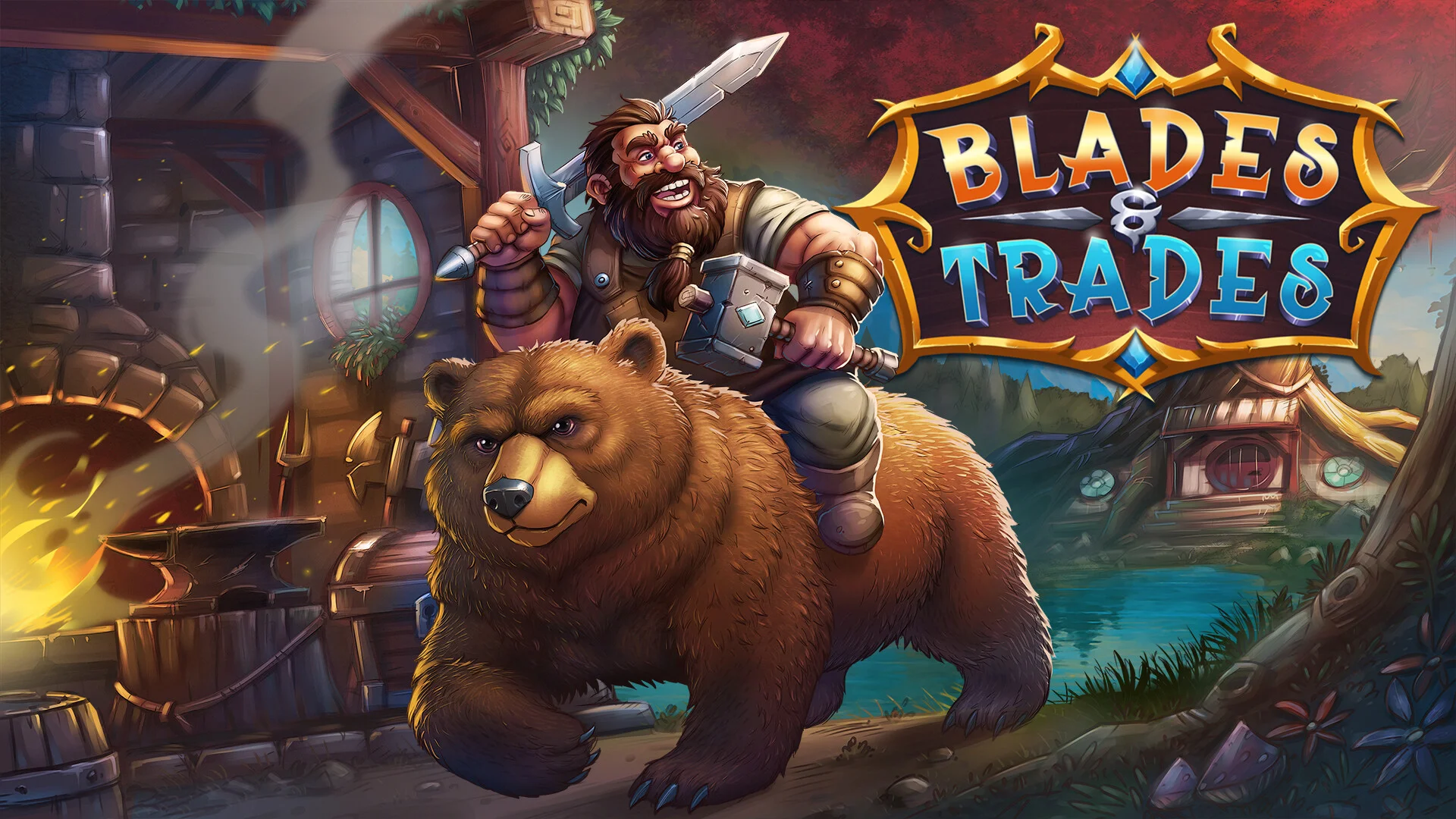 BLADES and TRADES のロゴと、剣とハンマーを持ち熊に乗るドワーフ