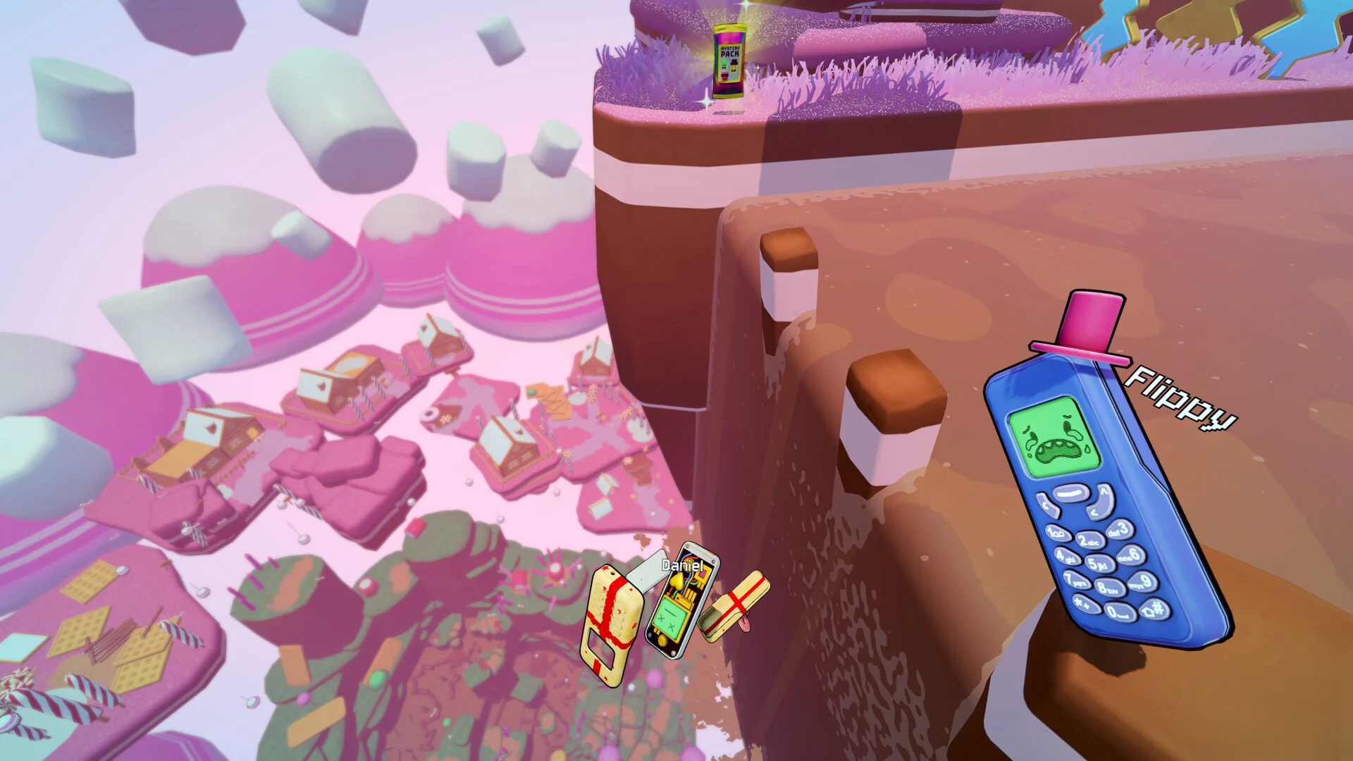 Flippyと表示された青い携帯電話キャラクターがお菓子の崖の端にいるゲーム画面