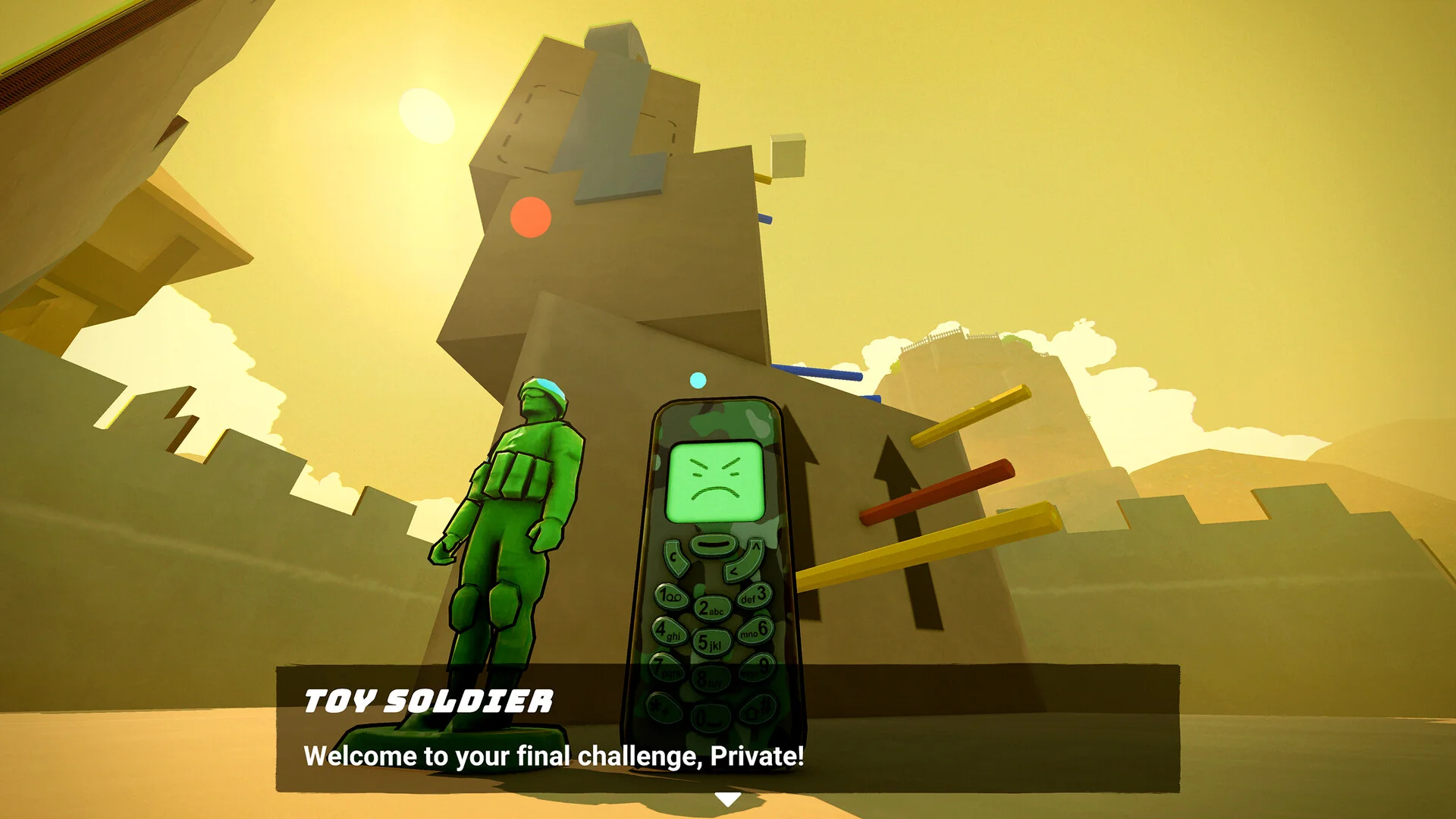 Toy Soldierのセリフ表示。緑の兵隊と怒り顔の携帯電話が塔の前に立つ