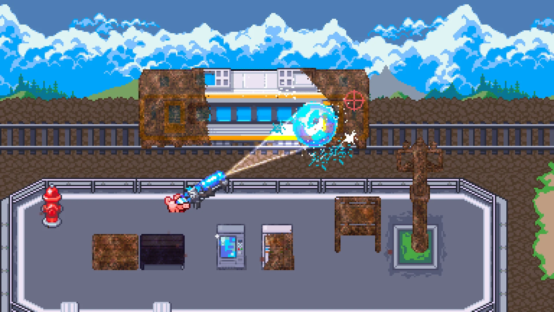 ピクセルアートのゲーム画面。電車の前で水の球を放つ青い装置