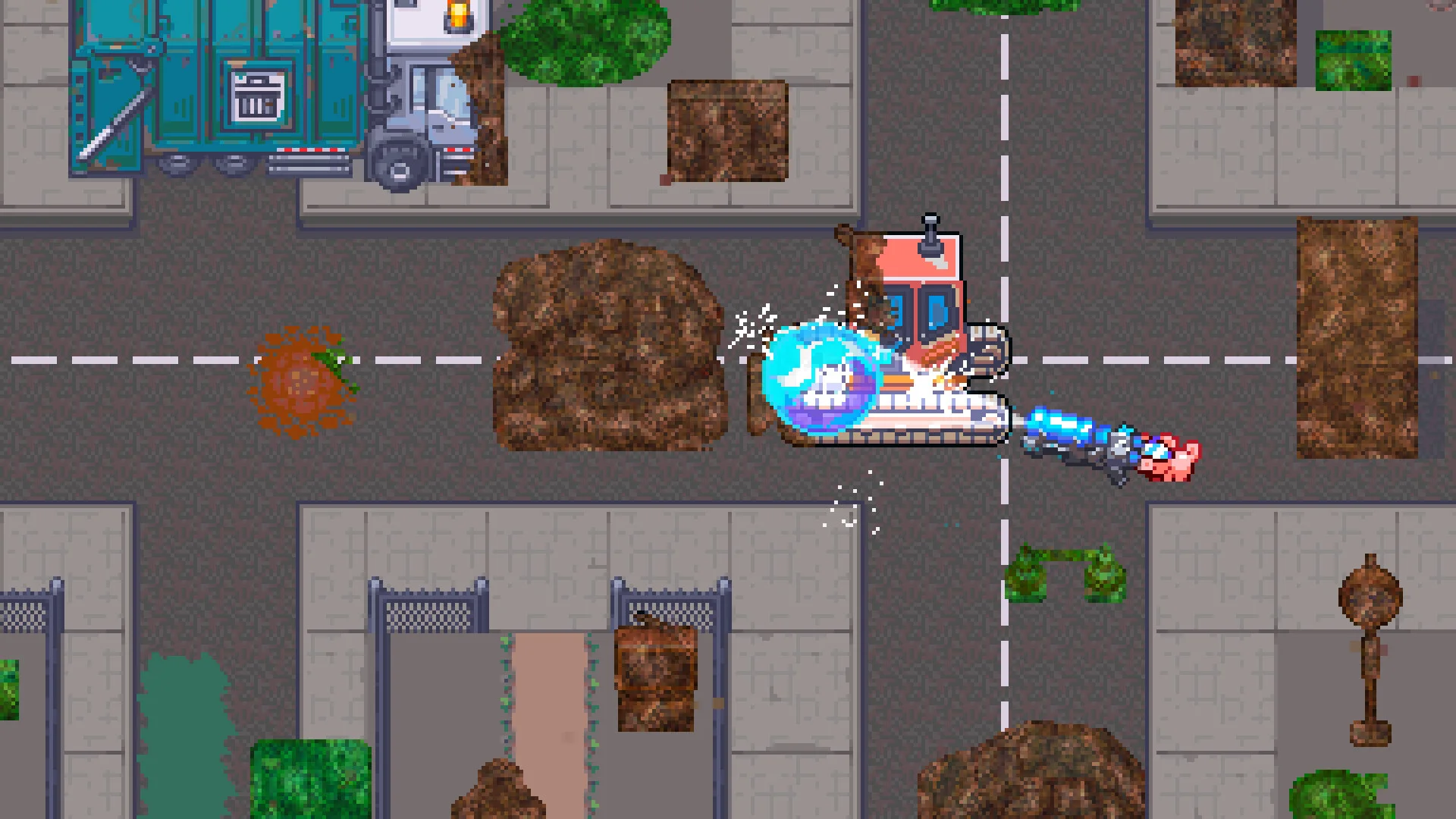 俯瞰視点の街路で、キャタピラ車両が青い光を放つゲーム画面