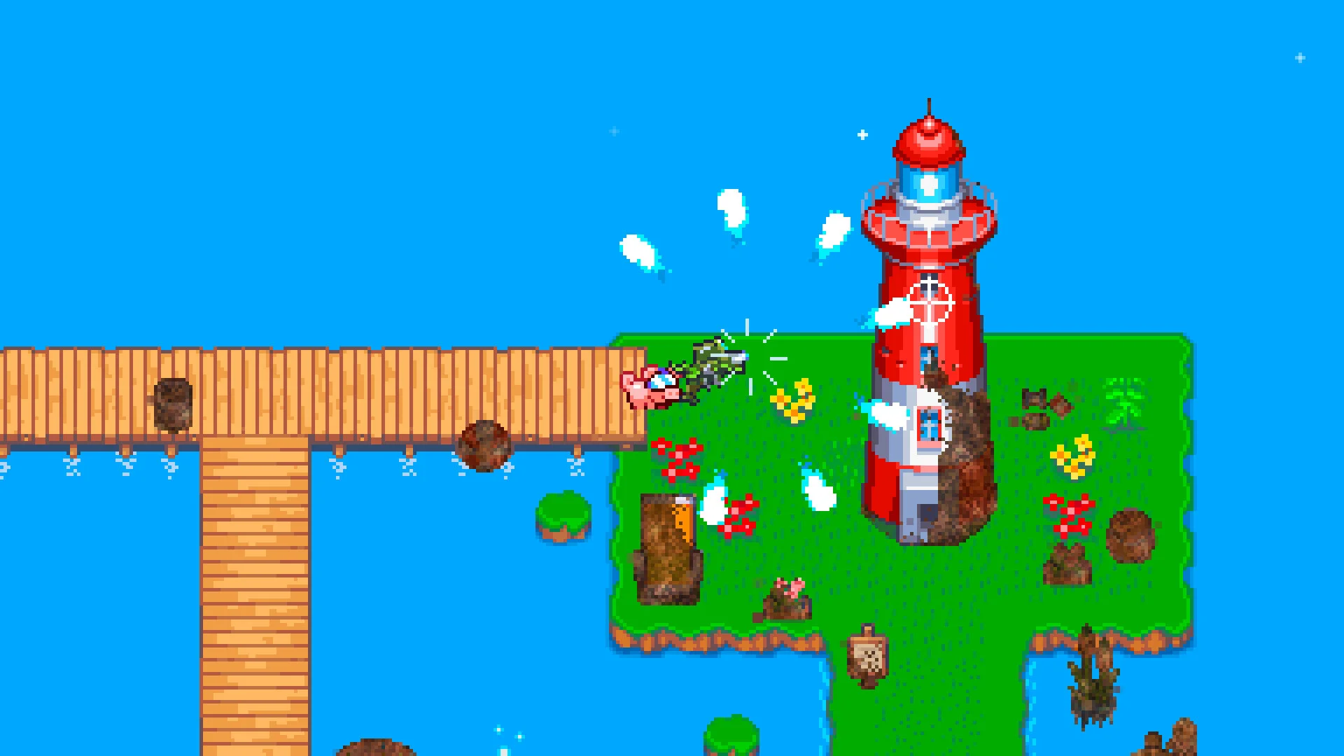 赤白の灯台と木の桟橋があるドット絵風のゲーム画面
