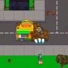 道路上のハンバーガー屋根のフードトラックと照準、豚、鳥が見えるゲーム画面