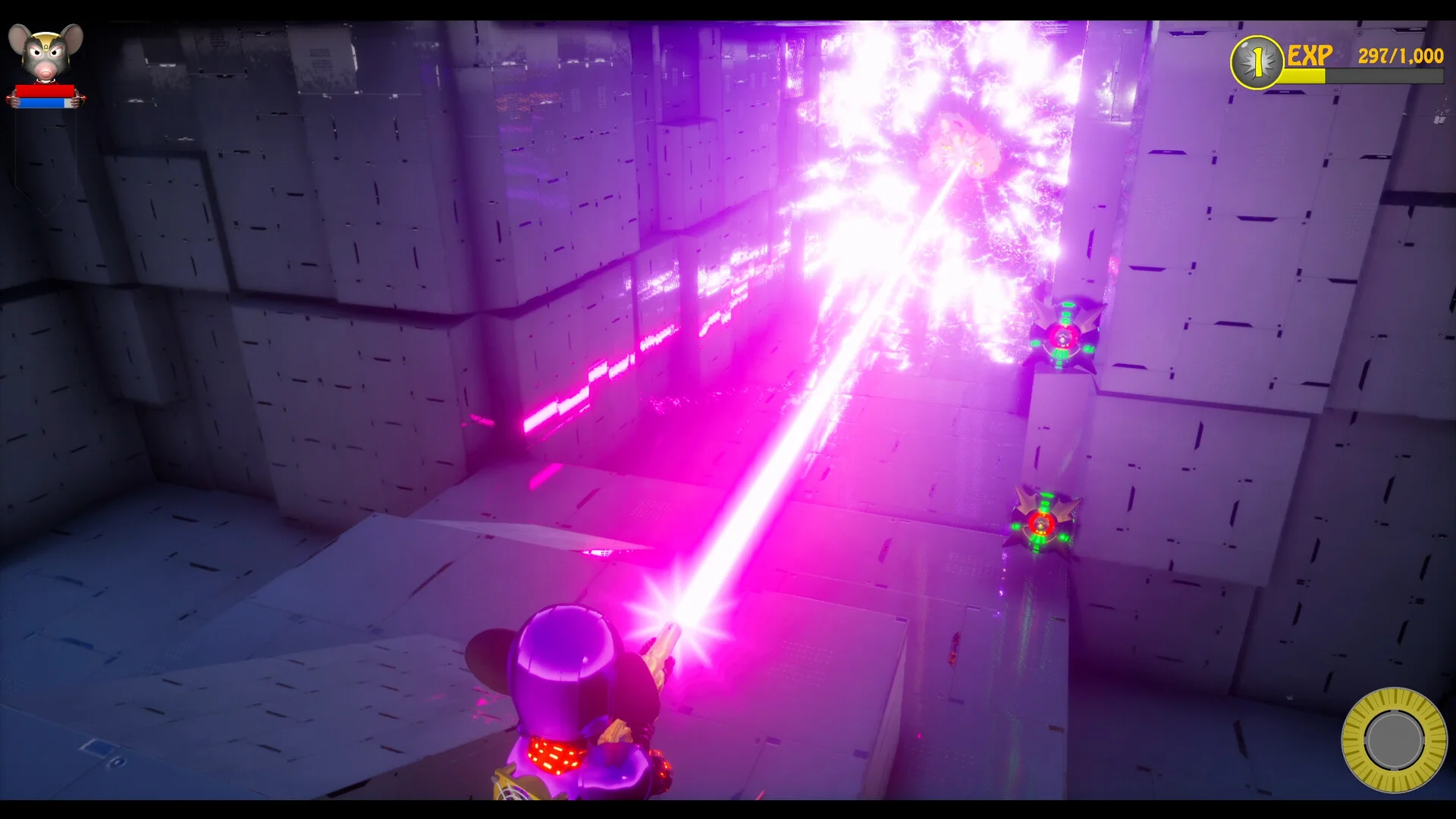 紫のレーザーを放つキャラクターと壁面の敵を捉えたゲーム画面