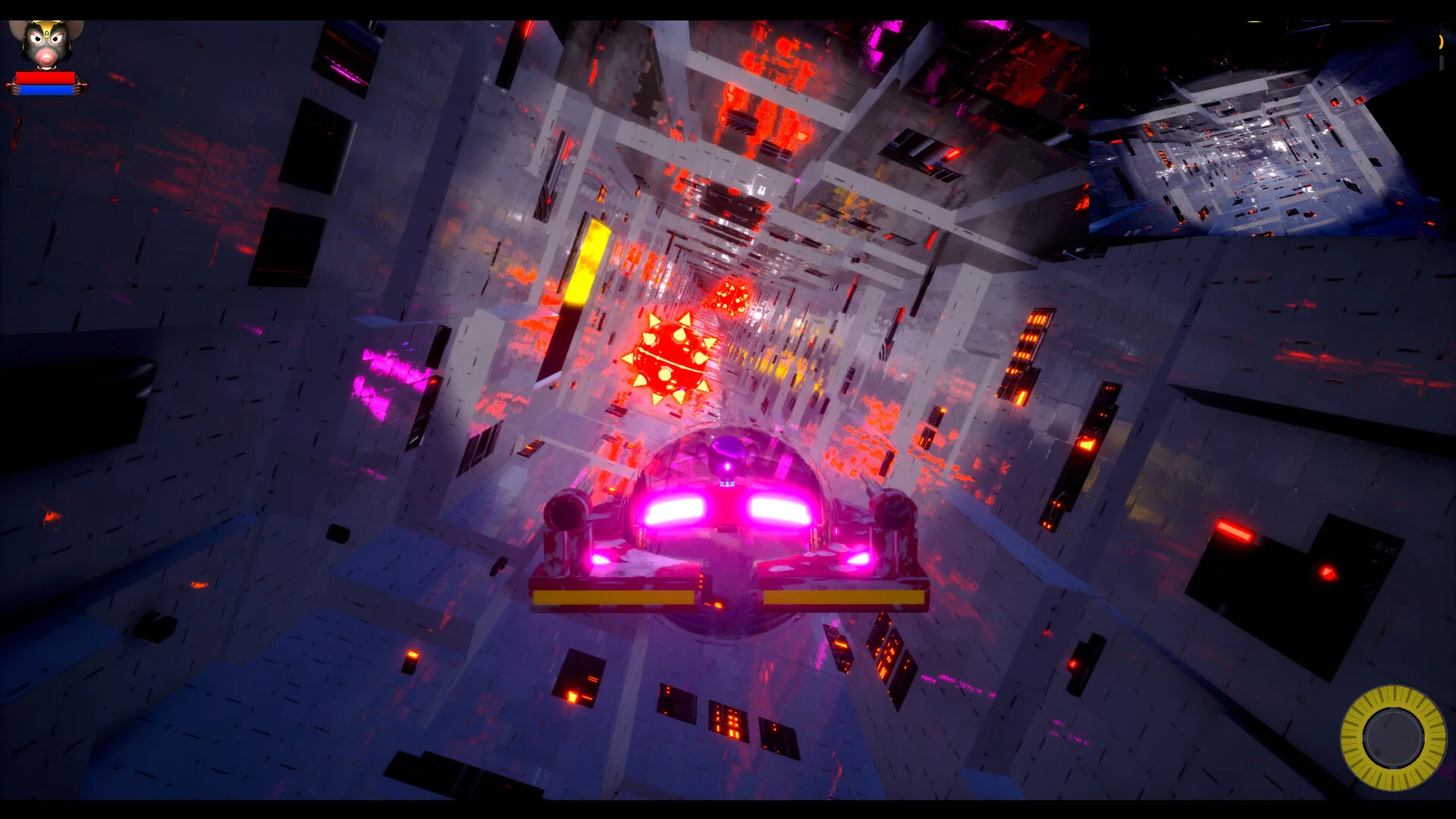 ピンクに光る宇宙船が赤い障害物のある巨大な構造物の通路を進むゲーム画面