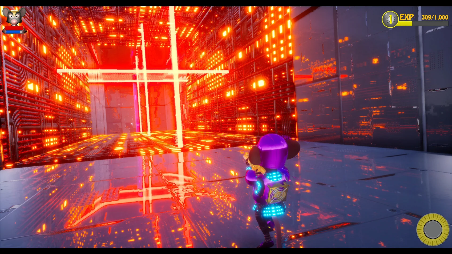 オレンジ色に光るサーバー壁の通路に立つ紫のキャラクターのゲーム画面