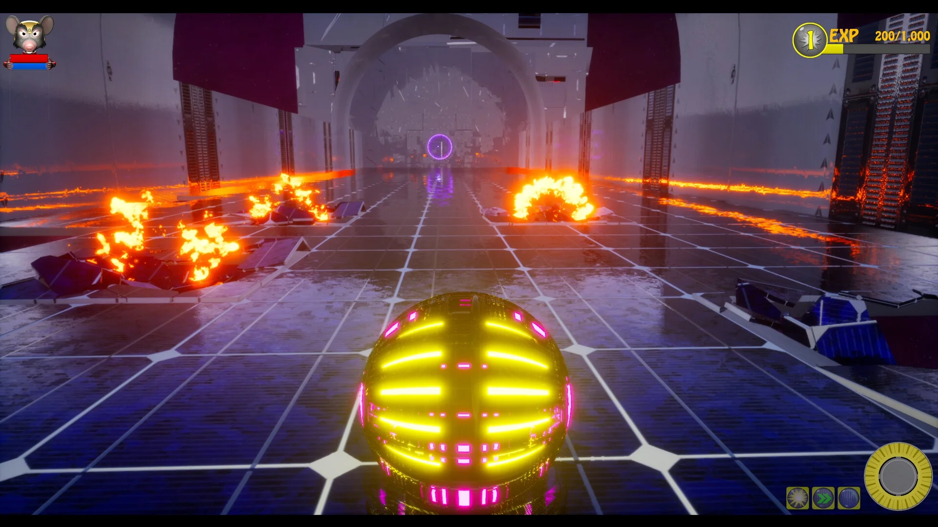 黄色いライン発光の球体と炎が燃える床が見えるゲーム画面