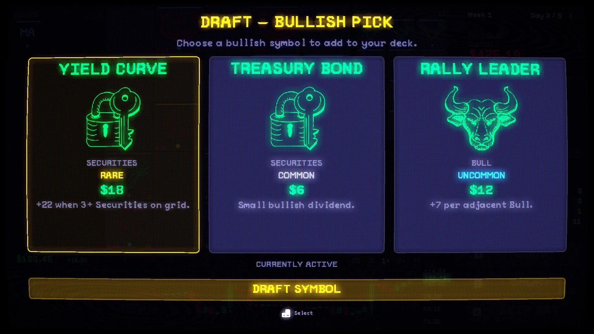 Draft - Bullish Pick画面。YIELD CURVE、TREASURY BOND、RALLY LEADERの3カード