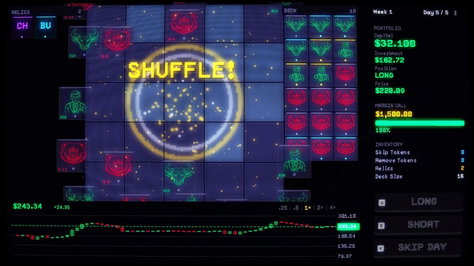 SHUFFLE!と表示されたカード盤面とポートフォリオ、株価チャートのゲーム画面
