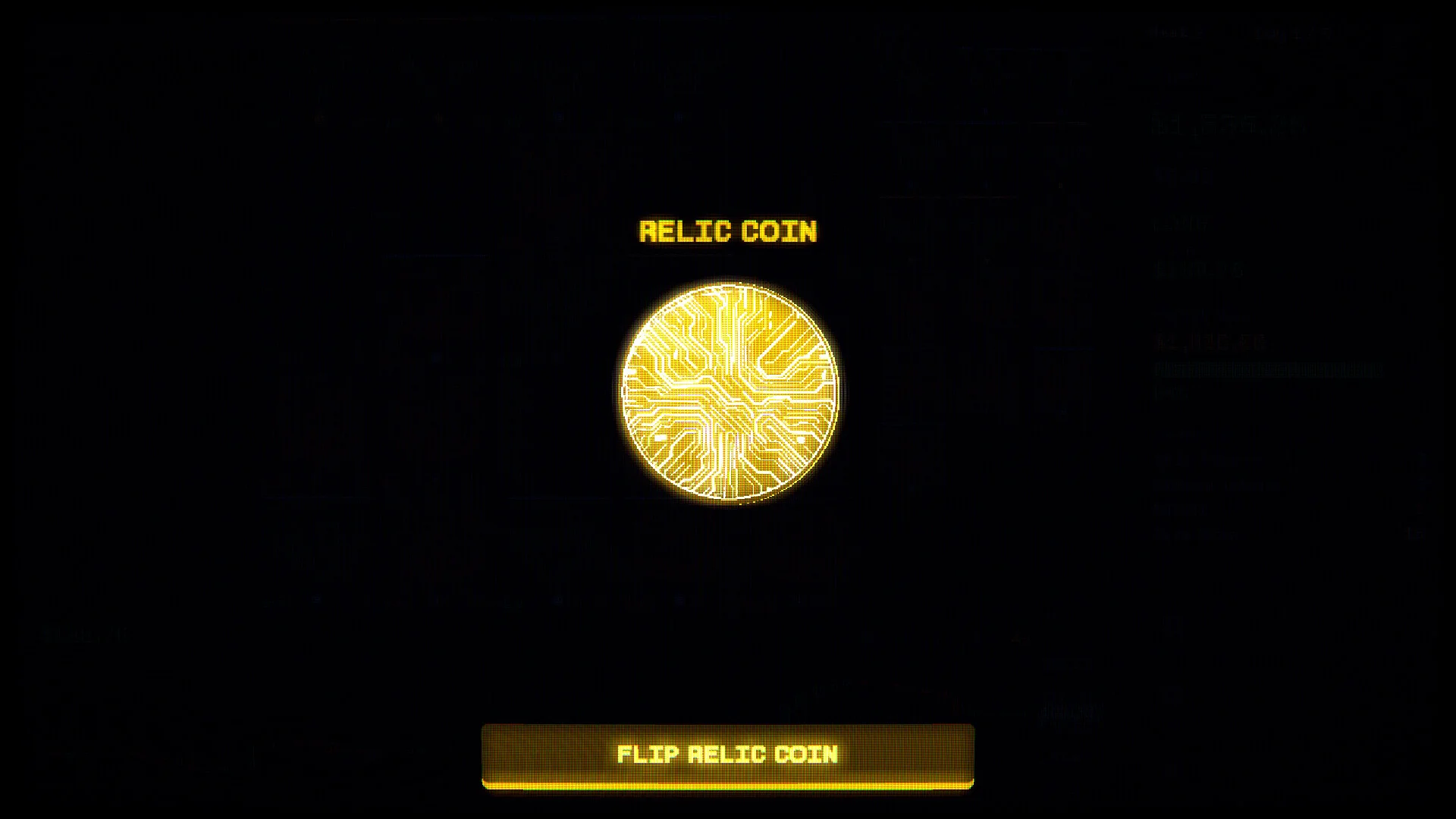 RELIC COIN と表示された金色の回路模様のコインと FLIP RELIC COIN ボタン
