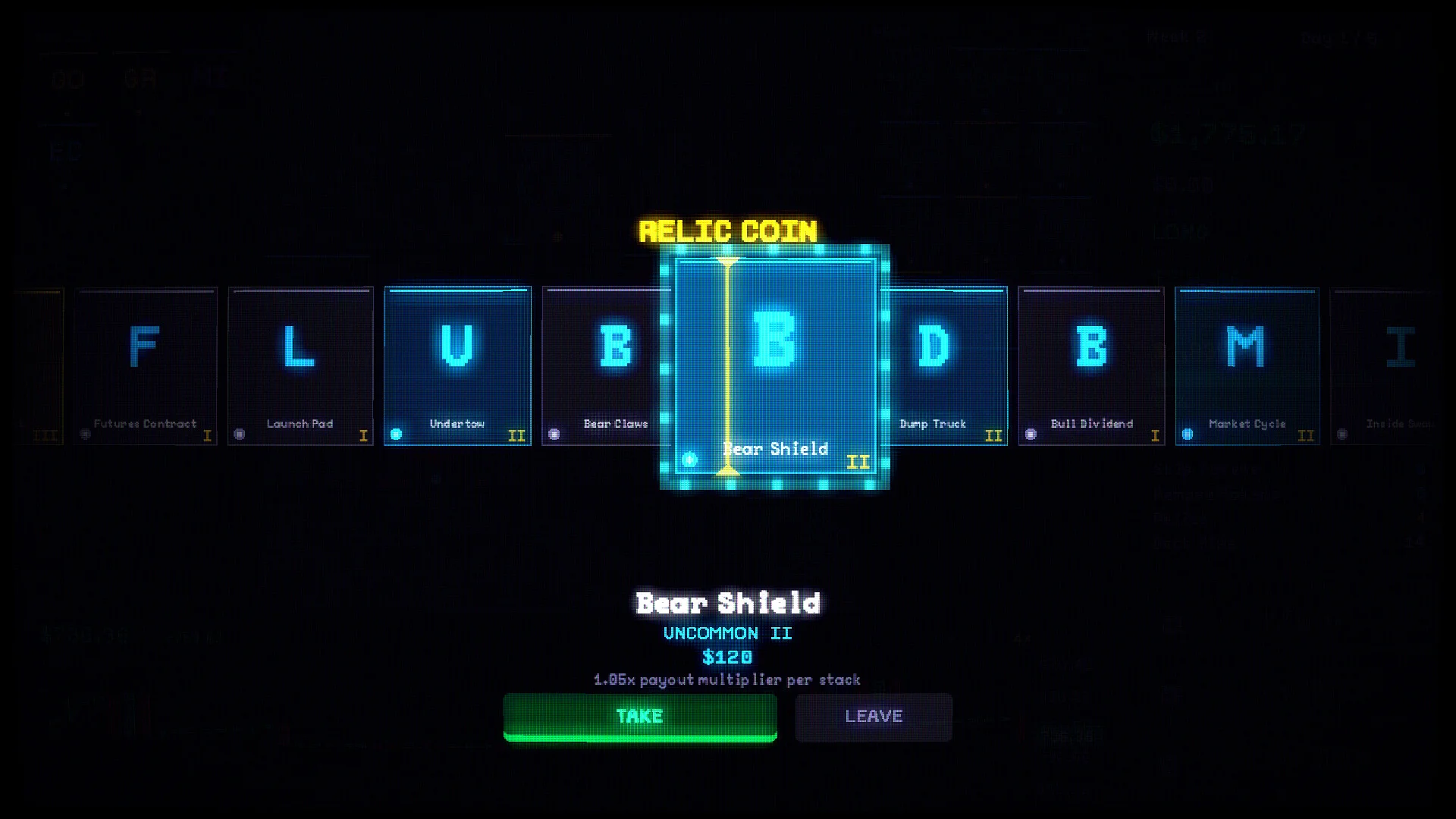 RELIC COIN画面でBear Shieldを選択中、TAKEとLEAVEの選択肢