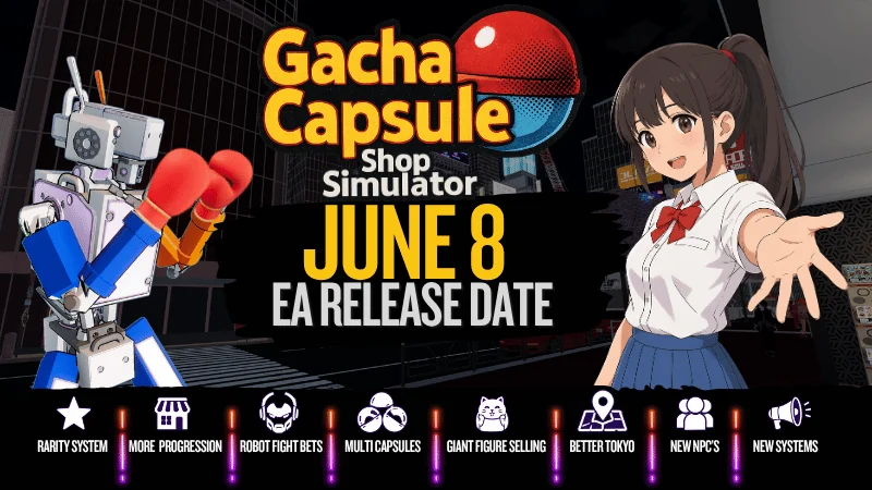 『秋葉原のガチャショップシミュレーター』6月8日早期アクセス開始の告知ビジュアル