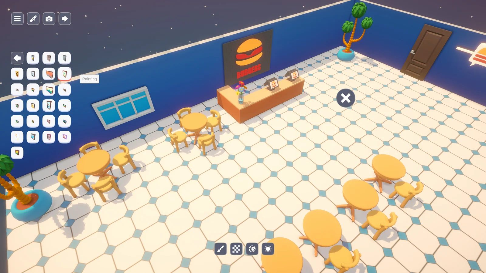 Dearbnbのゲーム画面。ハンバーガー店風の店内に家具を配置している様子