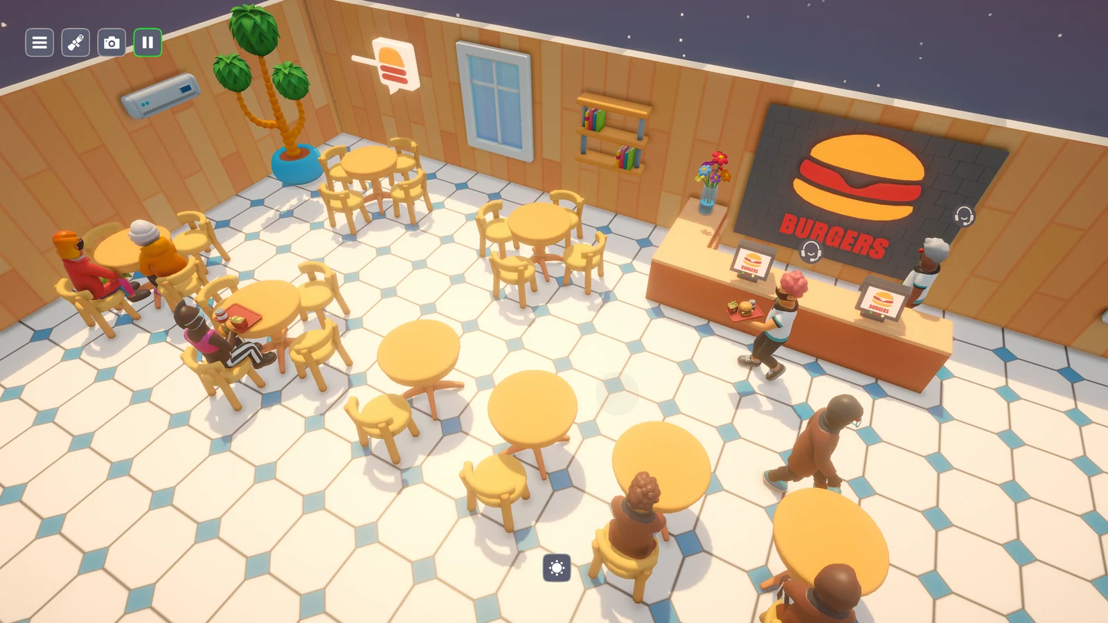 Dearbnbのバーガー店を経営するゲーム画面。客席とカウンターが見える