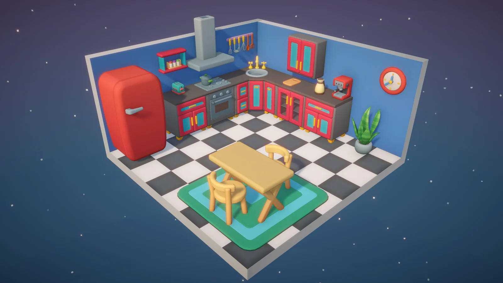 Dearbnbのキッチンルームをアイソメトリック視点で見せるゲーム画面