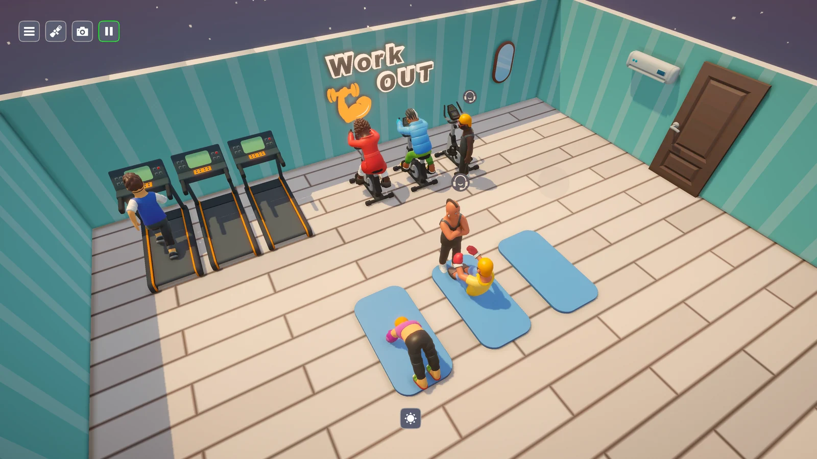 Dearbnbのジム部屋でキャラクターが運動するゲーム画面