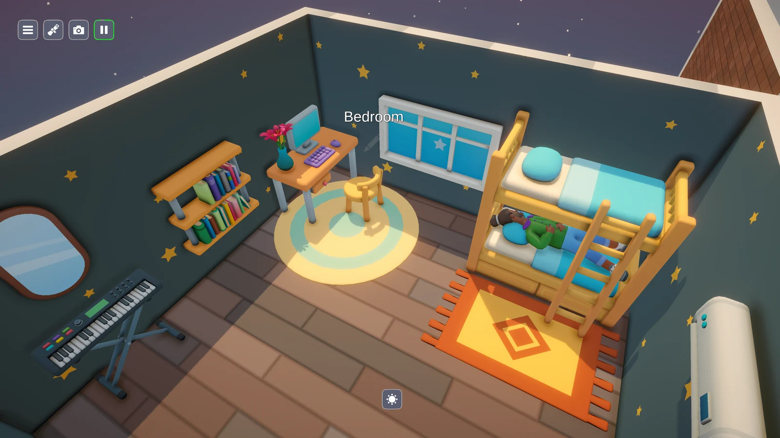Dearbnbのゲーム画面。星柄の壁の寝室に二段ベッドや机、本棚を配置した様子