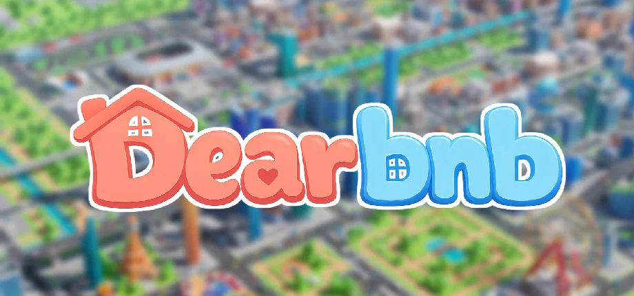 Dearbnbのロゴと、ぼかした等角視点の街並みを背景にしたキービジュアル