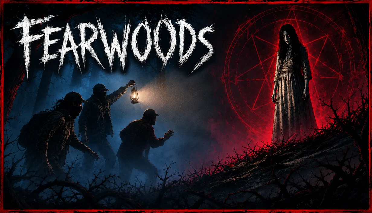 Fearwoodsのキービジュアル。森でランタンを持つ3人と赤い魔法陣の前に立つ少女