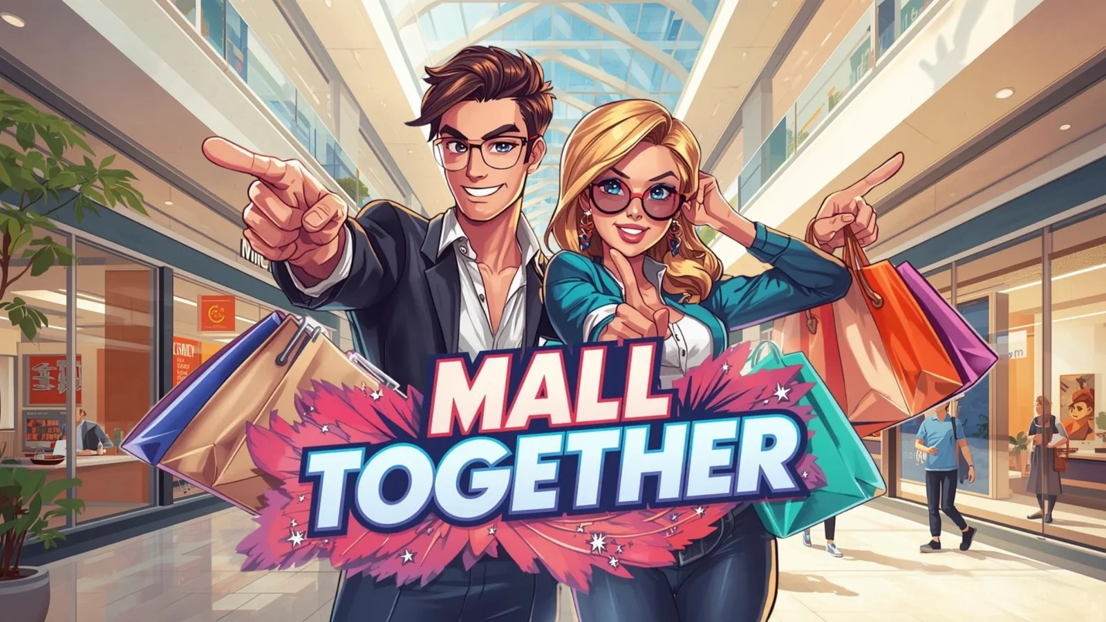 『Mall Together』のキービジュアル。モールで買い物袋を持ち指さす男女