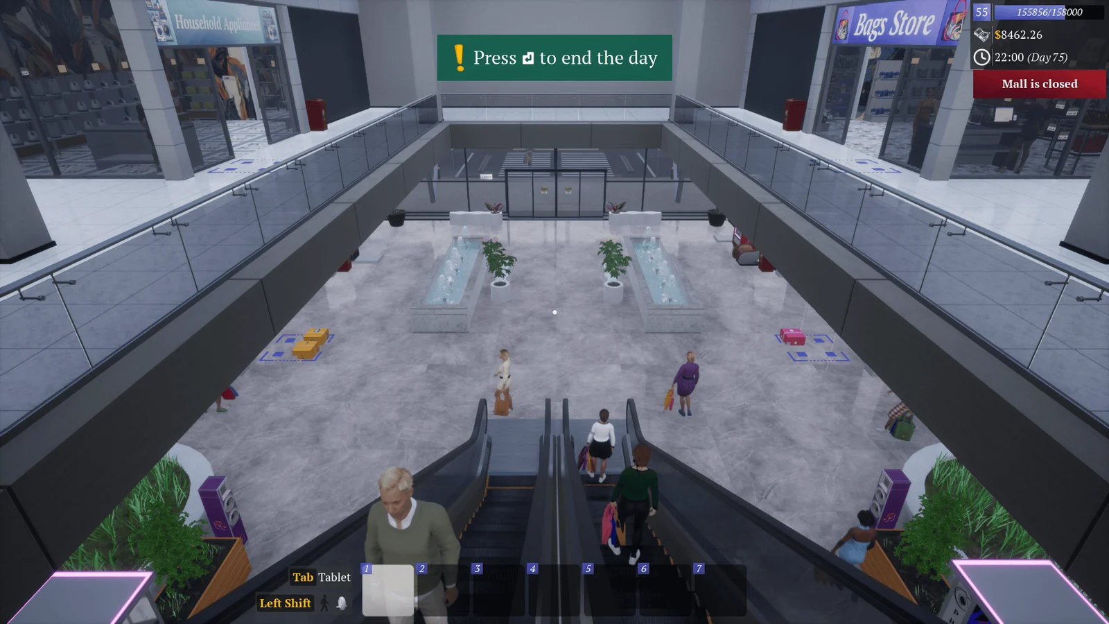 Mall Togetherのゲーム画面。エスカレーターから見下ろす吹き抜けのモールと店舗