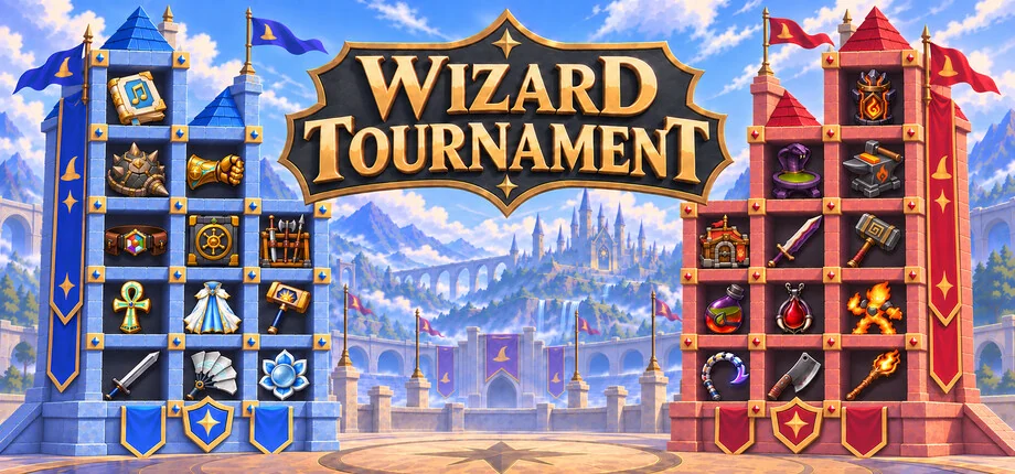 『Wizard Tournament』のキービジュアル。青と赤の塔に魔法アイテムが並ぶ