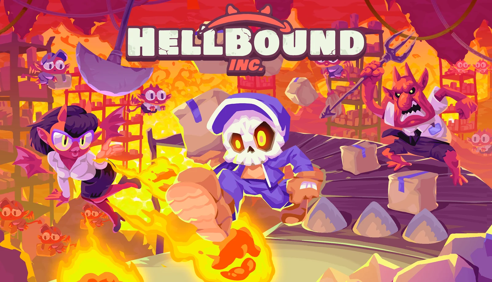 『HELLBOUND INC.』キーアート。炎の中を駆けるドクロの配達員と悪魔たち