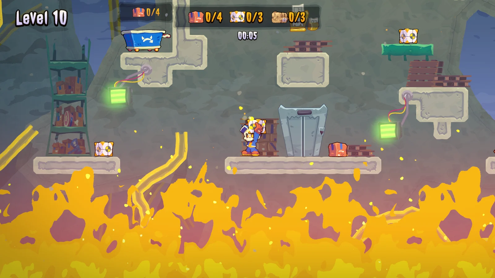 HELLBOUND INCのゲーム画面。炎が迫る足場で荷物を運ぶレベル10