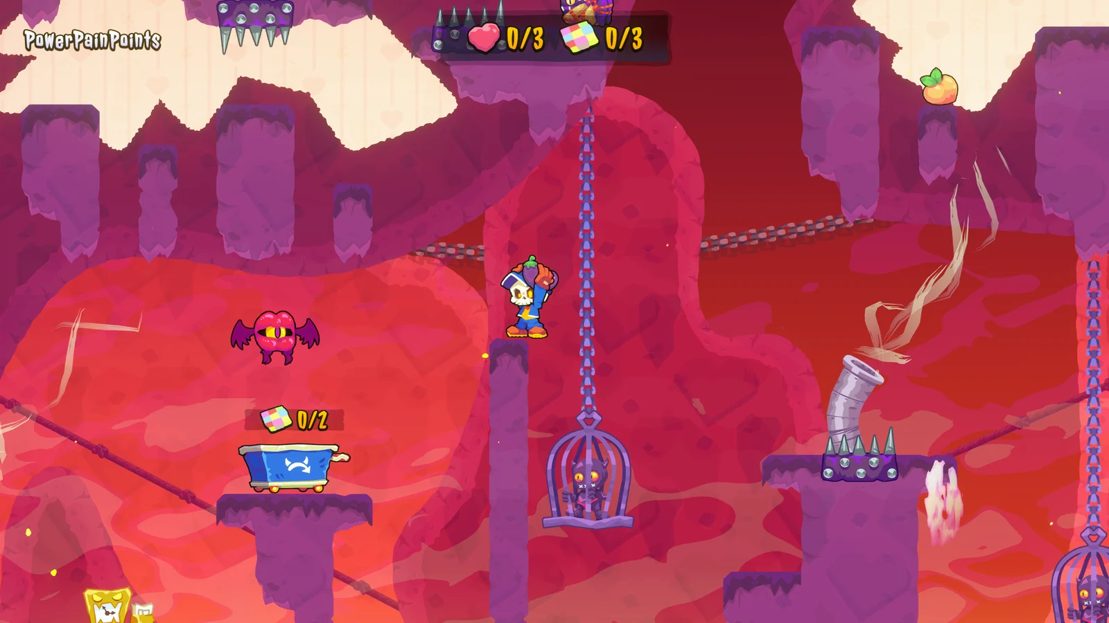 HELLBOUND INCのゲーム画面。地獄の倉庫で配達員が檻や悪魔のいる足場を進む場面