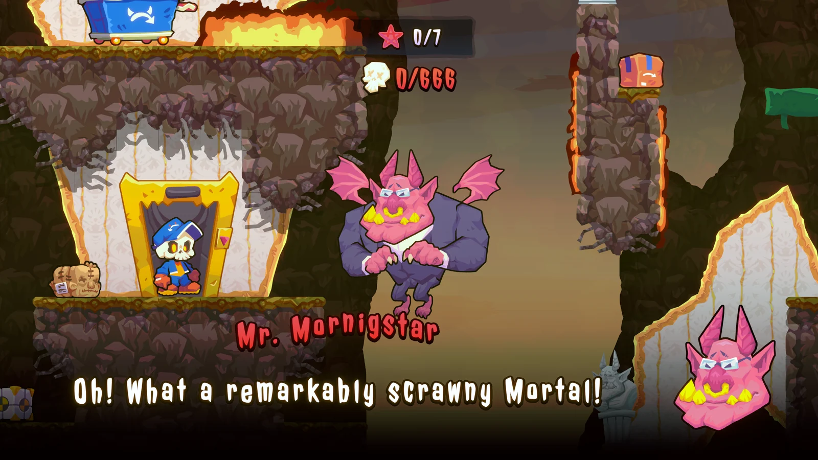 HELLBOUND INCのゲーム画面。骸骨の配達員とピンクの悪魔Mr. Mornigstarの会話シーン