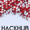 HackHub - Ultimate Hacker Simulatorのキービジュアル。赤い三角模様とタイトルロゴ