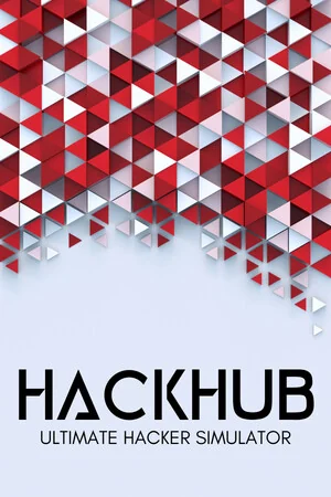 HackHub - Ultimate Hacker Simulatorのキービジュアル。赤い三角模様とタイトルロゴ