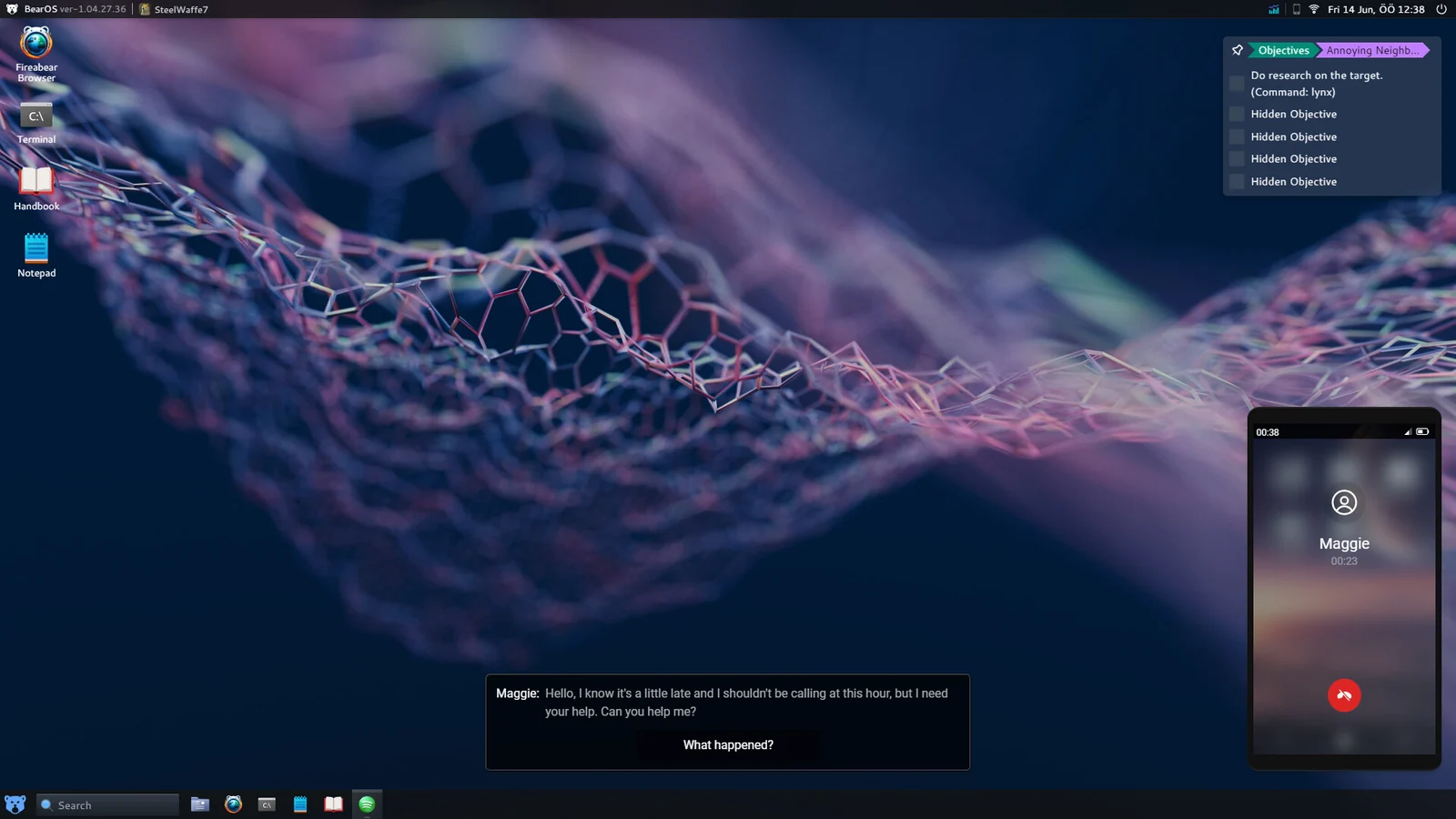 HackHubのゲーム画面。デスクトップに目標一覧とMaggieからの着信、会話が表示されている