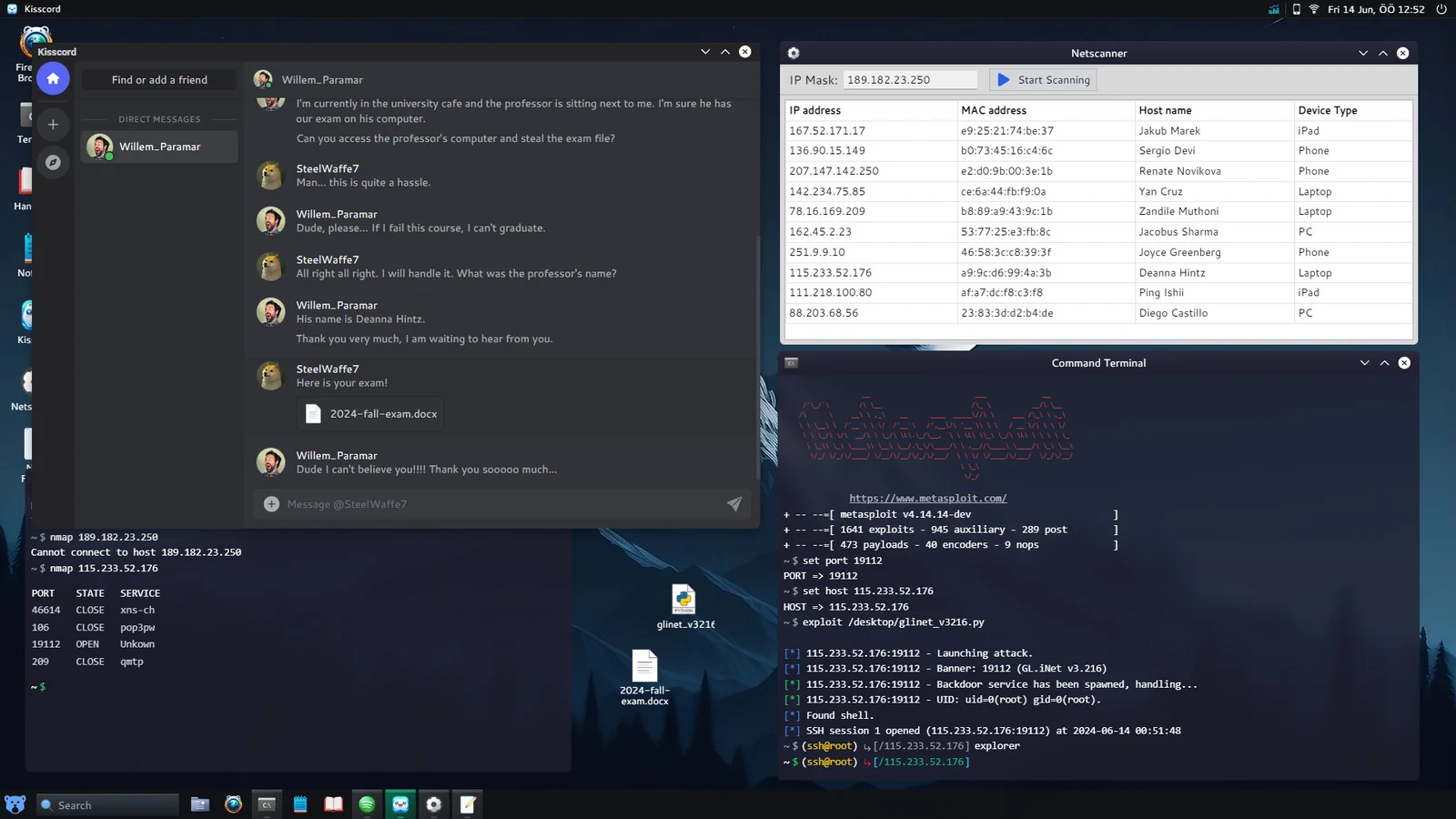 HackHubのゲーム画面。チャット、ネットワークスキャナー、ターミナルが並ぶハッキング操作
