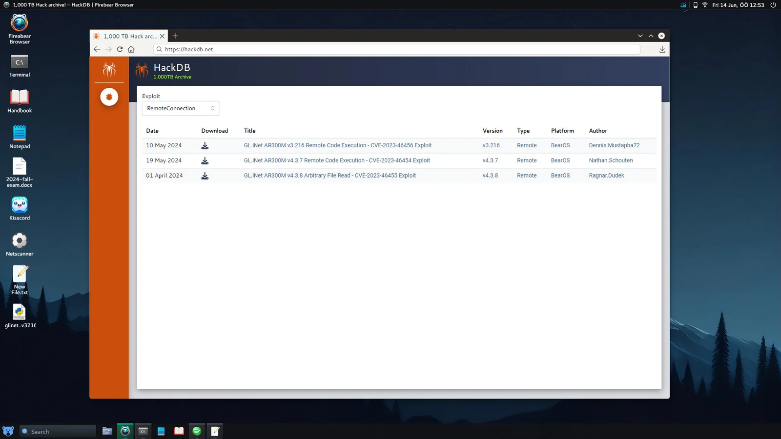 HackHubのゲーム画面。ブラウザでHackDBのエクスプロイト一覧を表示している