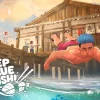 『Deep Blue Sushi』キーアート。寿司屋を背に青髪のダイバーが海へ飛び込む