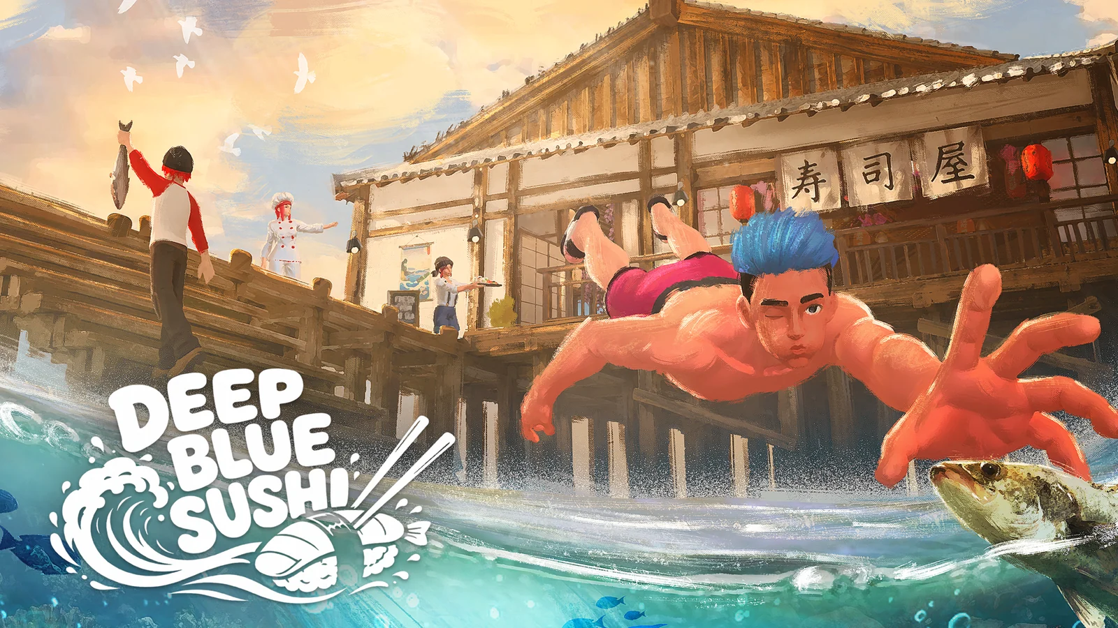『Deep Blue Sushi』キーアート。寿司屋を背に青髪のダイバーが海へ飛び込む