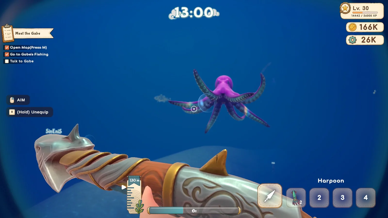 Deep Blue Sushiのゲーム画面。水中で銛を構え紫色のタコを狙う場面