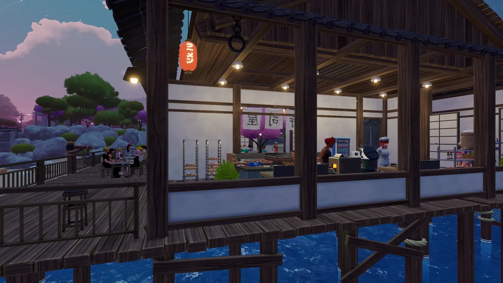 水上の和風寿司レストランの店内外を映したDeep Blue Sushiのゲーム画面