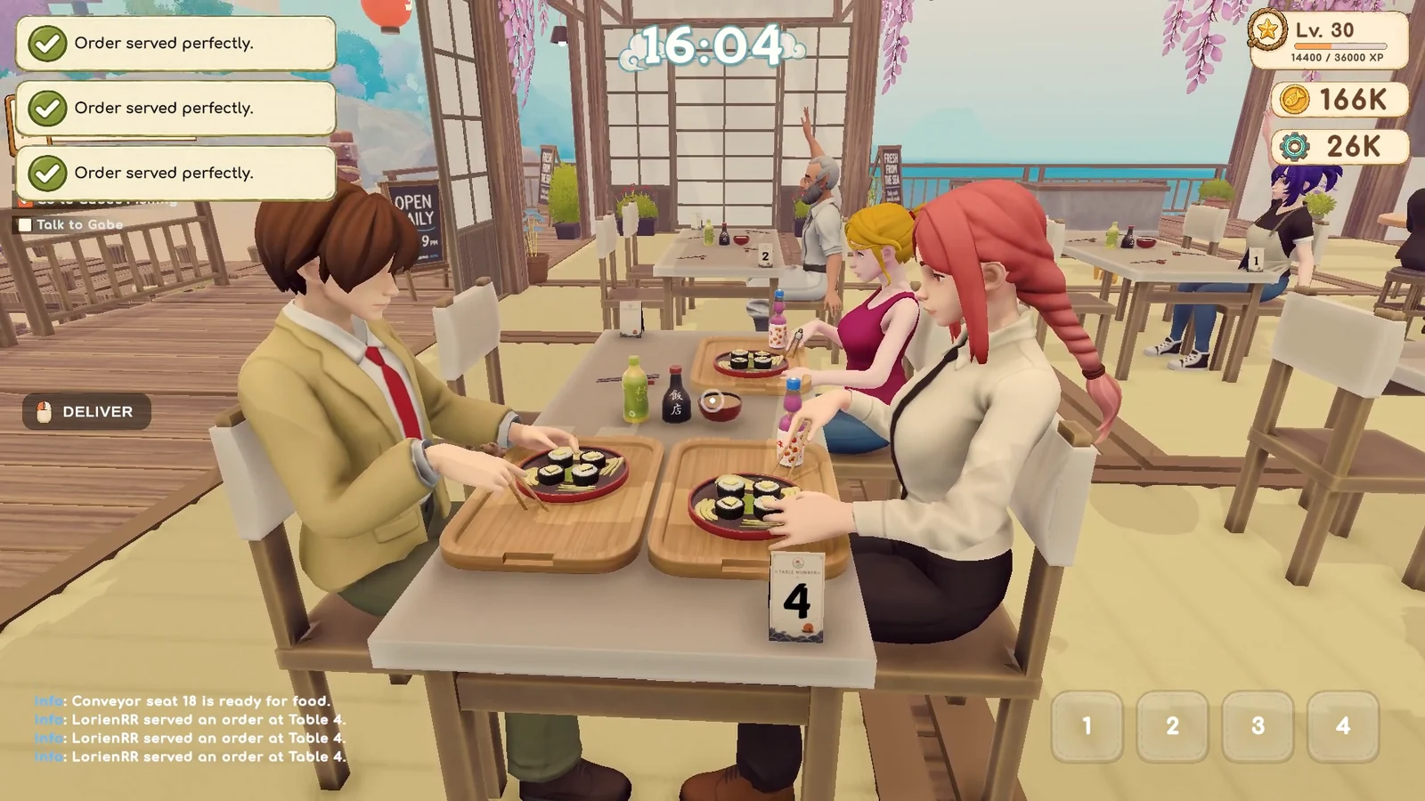 Deep Blue Sushiのゲーム画面。テーブル席の客に巻き寿司を提供している場面