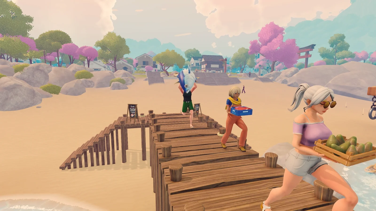 Deep Blue Sushi のスクリーンショット。桟橋で魚や荷物を運ぶ3人のキャラクター