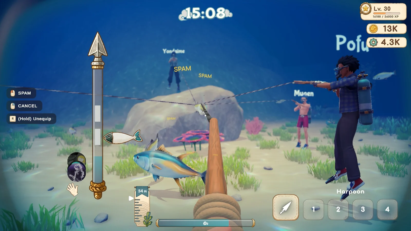 『Deep Blue Sushi』海中で銛を構え魚を狙う協力プレイのゲーム画面