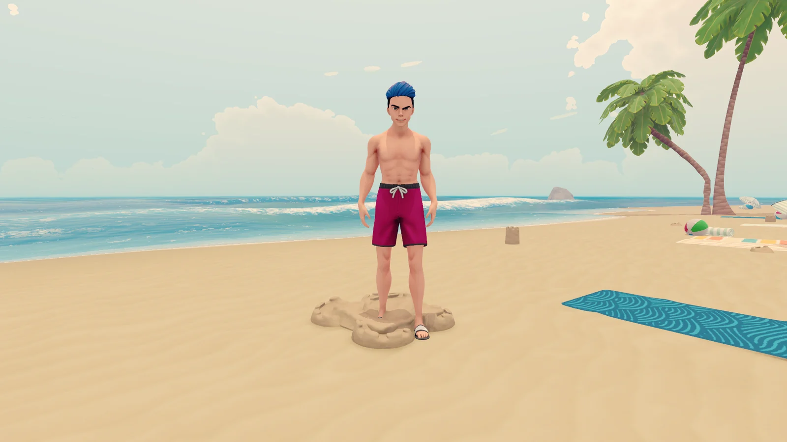 砂浜に立つ青髪のキャラクターを写したDeep Blue Sushiのゲーム画面