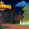 HolyMolyのキービジュアル。夜の村で黄金の牛像とヒーローが描かれている