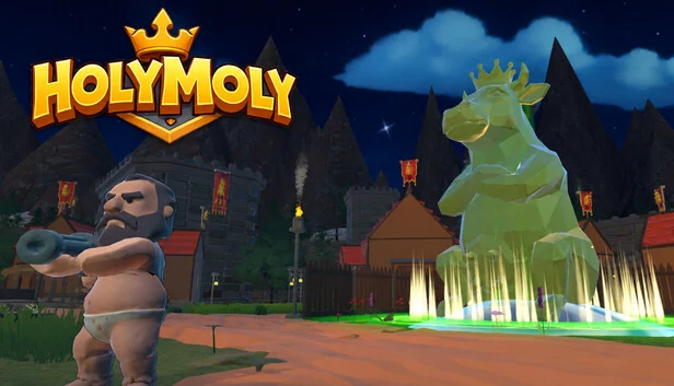 HolyMolyのキービジュアル。夜の村で黄金の牛像とヒーローが描かれている