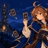 夜の星明かりの塔を背に、魔法カードと魔導書を手にする魔女レイのキービジュアル