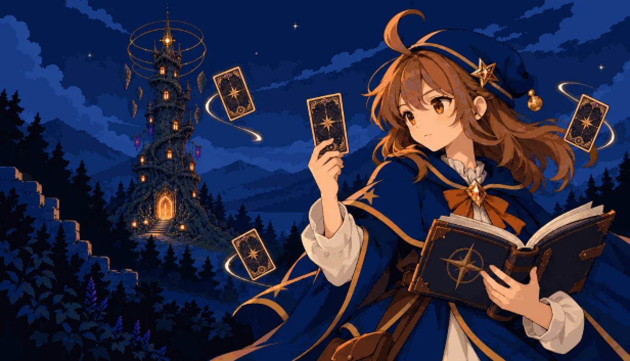 夜の星明かりの塔を背に、魔法カードと魔導書を手にする魔女レイのキービジュアル
