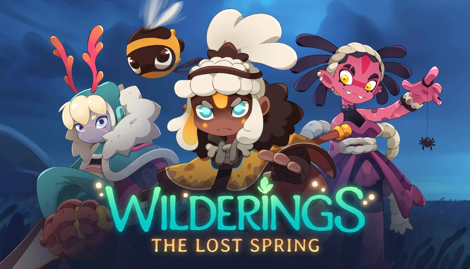 『Wilderings: The Lost Spring』のキービジュアル。キャラクターたちとタイトルロゴ